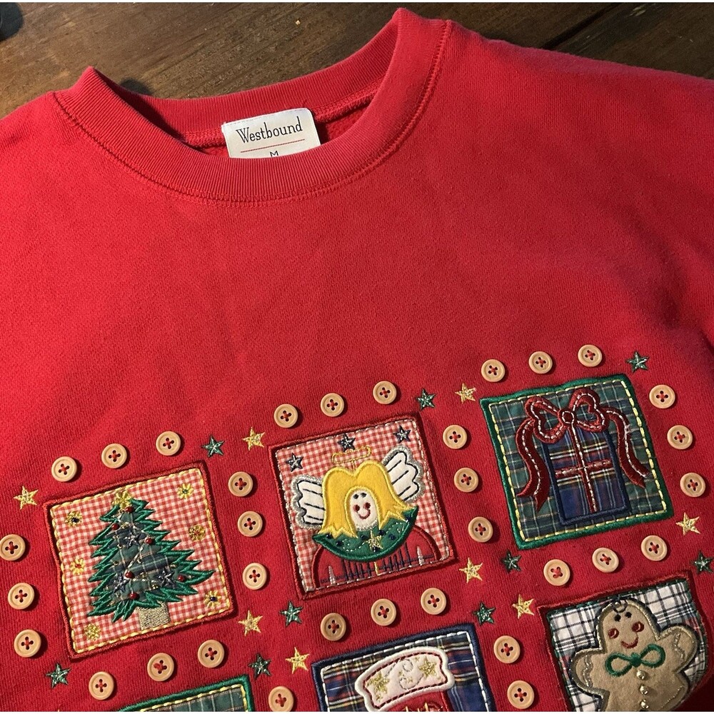 Vintage Sweatshirt Womens Medium Red Christmas Snowman Gingerbread Embroidered
